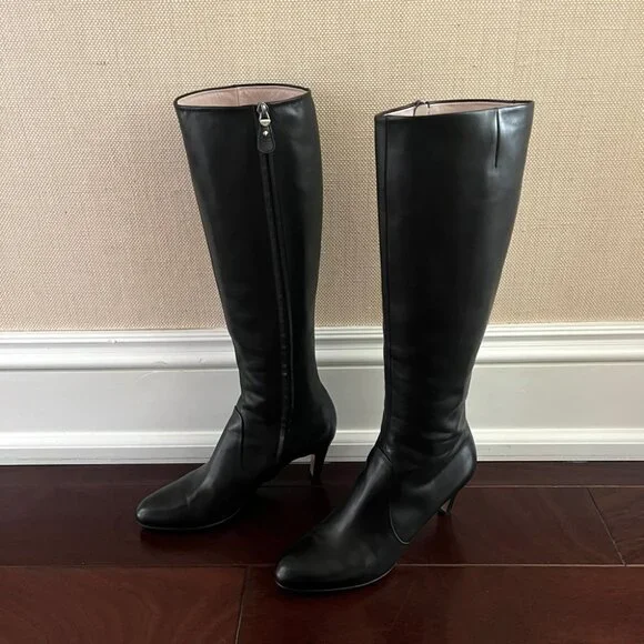 Salvatore Ferragamo | Knee-Length Heel Leather Boots - Sz US 9 / Dark Chocolate - Picture 7 of 12